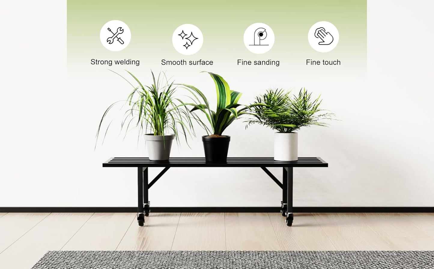 Zhongma One Tier Metal Plant Stand with Wheels,(35.43 L x 8.66 W x 10.3 H) Heavy Duty Plant Holder for Home, Window,Garden, Plant Lovers, Display Stand