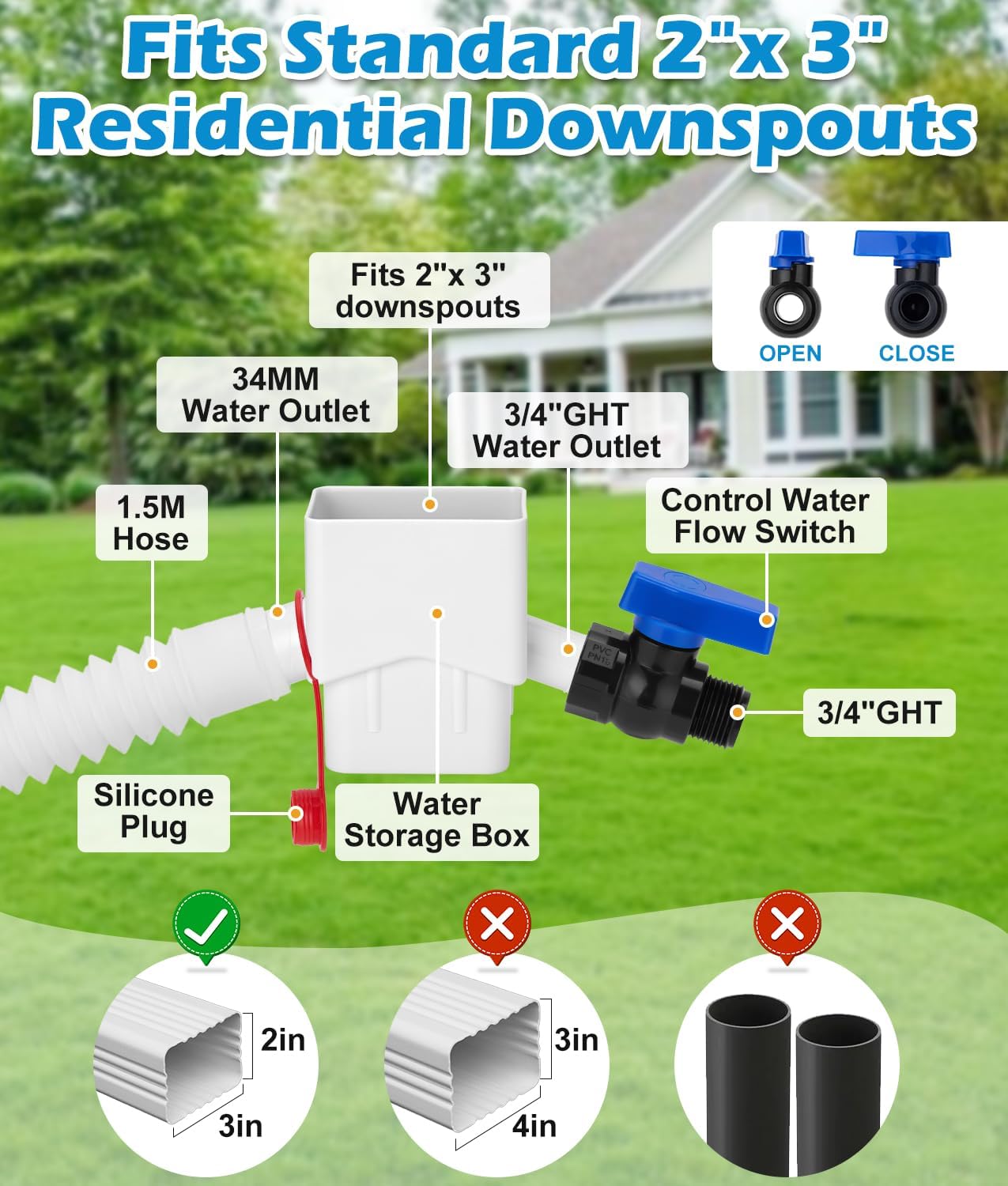 Downspout Diverter, WADEO Rain Barrel Diverter Fits for 2"x 3" Standard Downspout, Rainwater Collection System with Two Water Outlets to Collect Rainwater from Gutter, with 5FT Hose