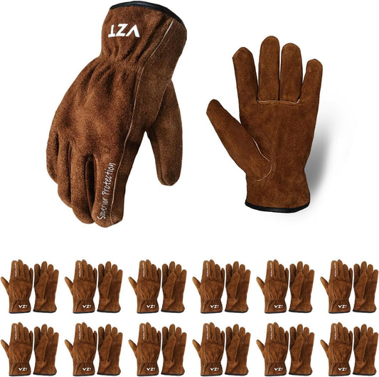 12 Pairs Bulk Leather Work Gloves for Men or Women for Gardening, Construction, Truck, Driving, Farm, Ranch, Woodworker, Soft, Cowhide Thickened, Water Resistant, Brown, Medium