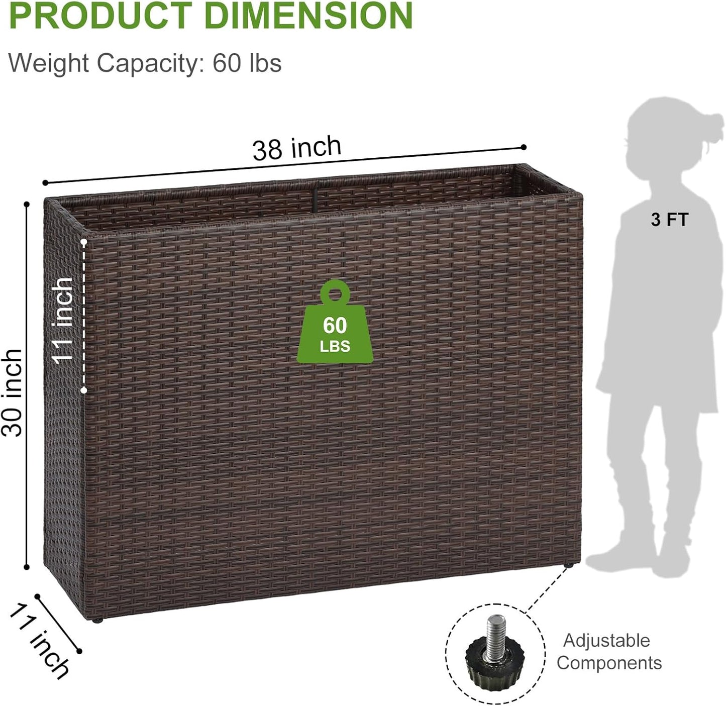 LEWIS&WAYNE Large Rectangular Block Planter Box Handmade Wicker Tall Planters for Outdoor Plants with Removable Liners Modern Planter for Indoor Outdoor Patio Deck - Brown, 38''x11''x30''