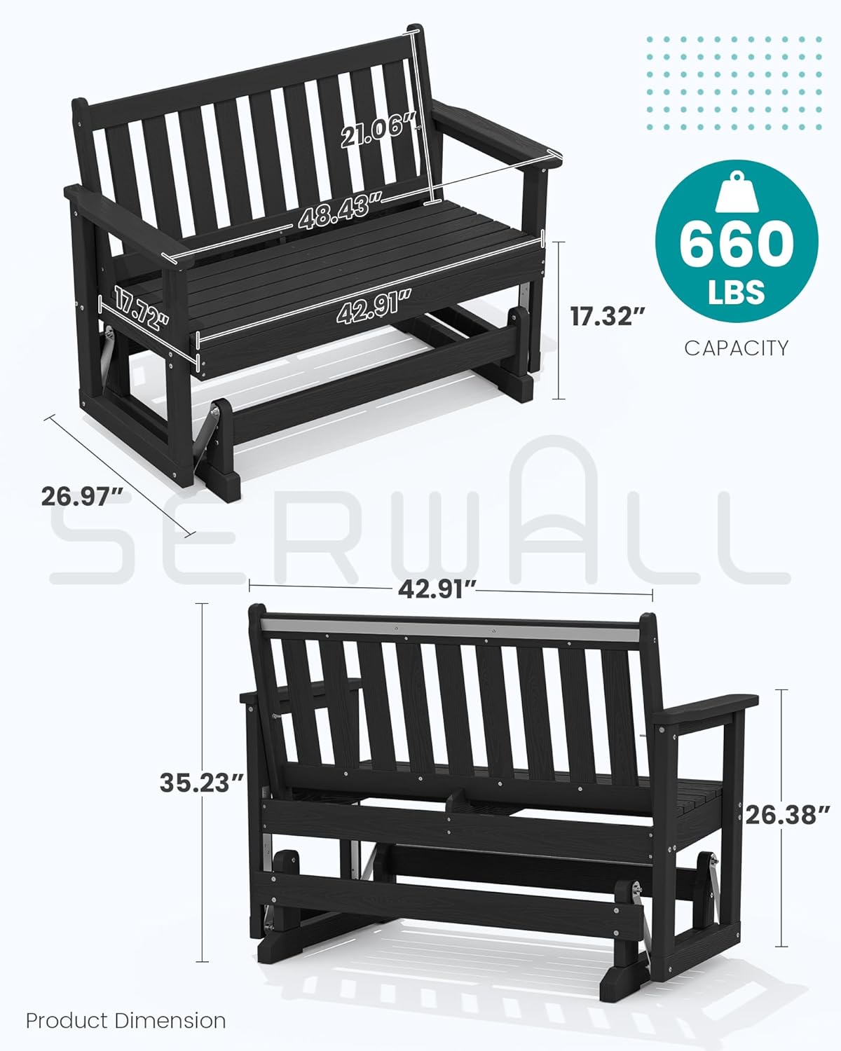 SERWALL Outdoor Glider Bench Set of 2, HDPE Weather-Resistant Swinging Bench for Backyard Garden Porch, Black