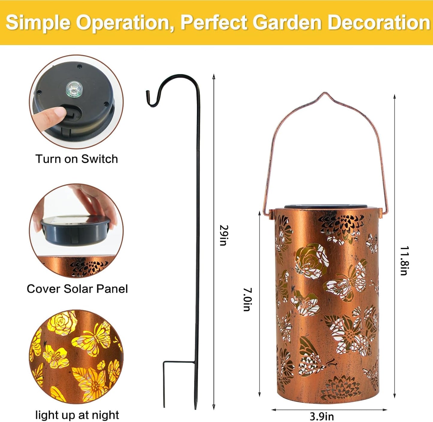 2 Pack Solar Lanterns Outdoor Waterproof Butterfly Birthday Gifts for Women Mom Grandma Garden Decor Flower Metal Hanging LED Decorative Light for Patio Yard Lawn Backyard Front Porch Gardening Gifts
