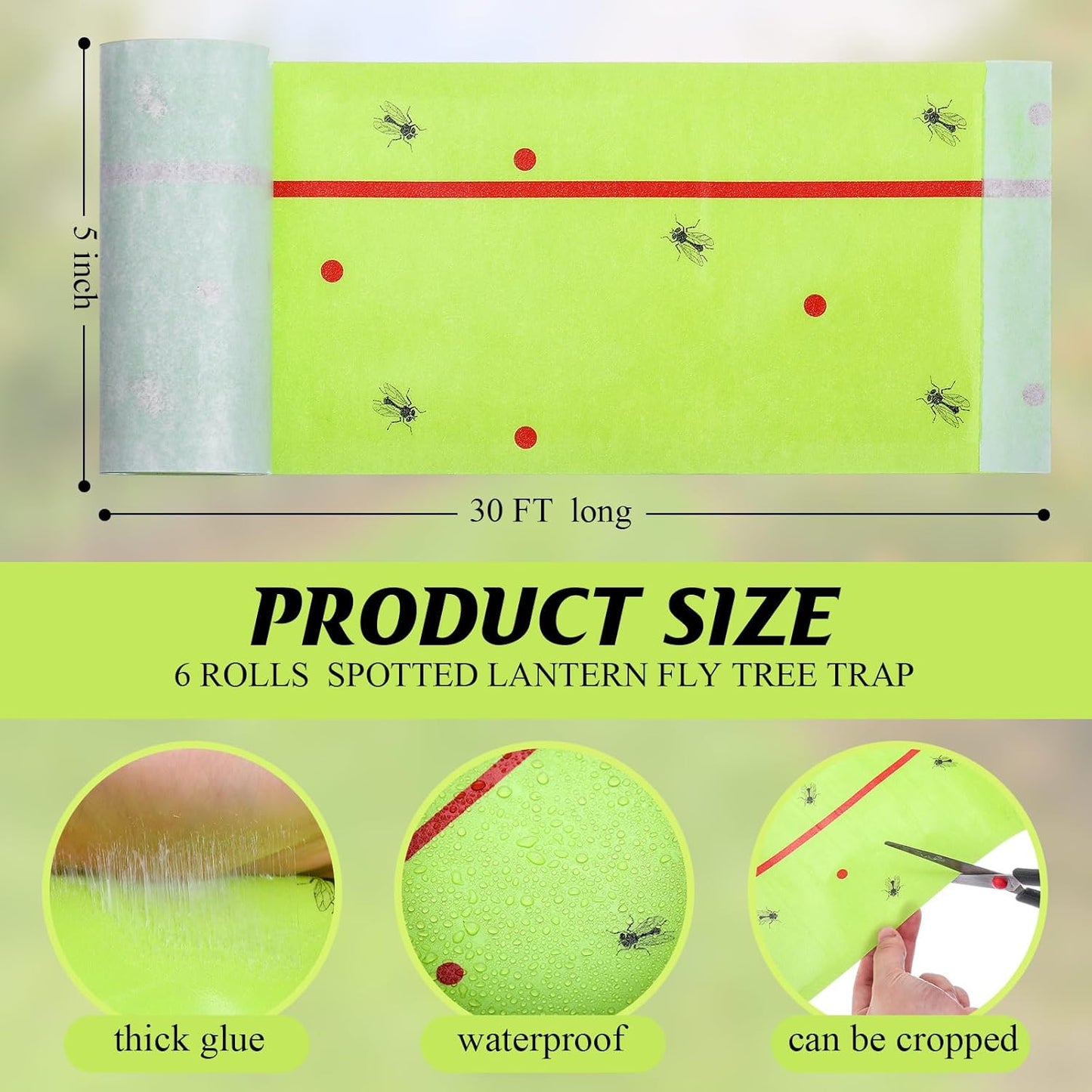Qualirey 6 Rolls Spotted Lantern Fly Traps 30 Feet Each Roll Fly Tree Trap Sticky Strips Outdoor Fruit Glue Strips Disposable Tape Indoor Paper Sheets for Protecting Trees(Green)
