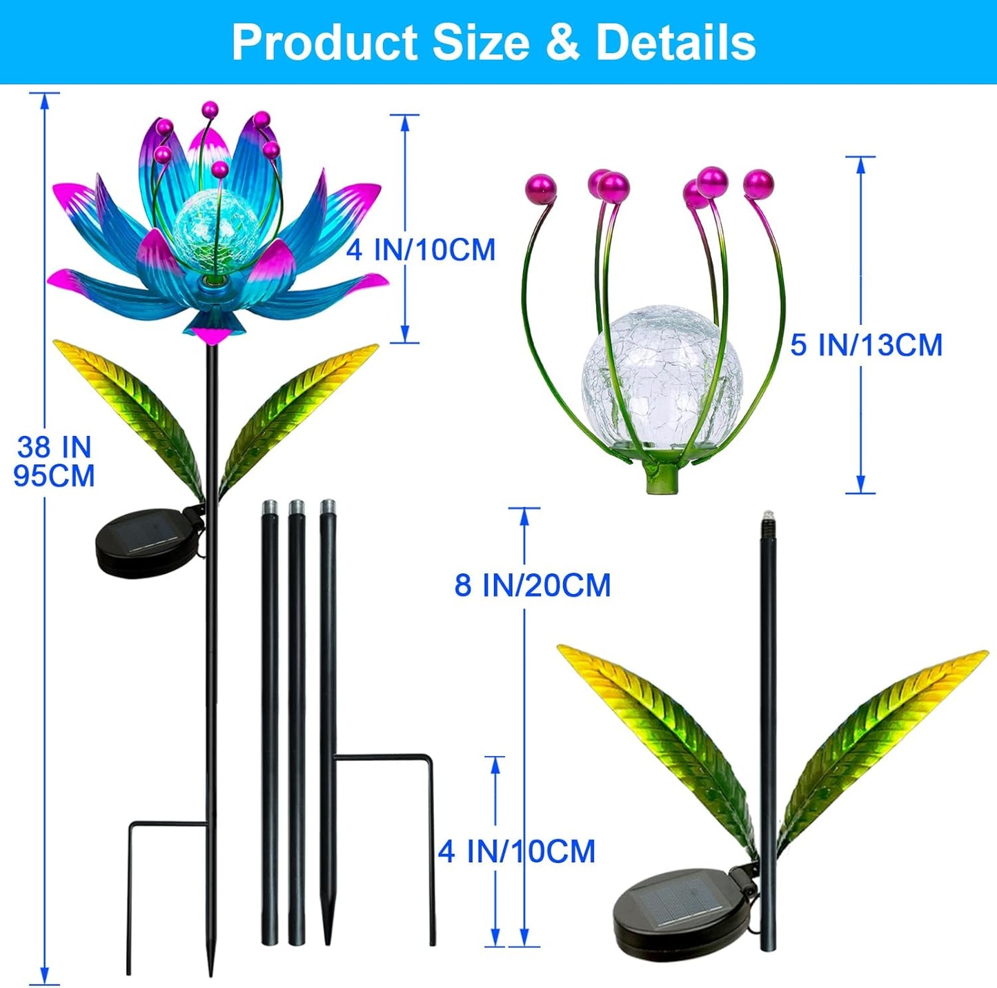 Wind Spinners Outdoor, 38 Inch Metal Wind Spinner Yard Art with Stake, Colorful Solar Windmill for Yard and Garden Lawn Patio Farmhouse Decor