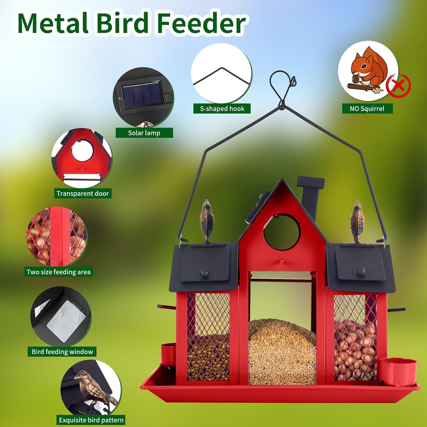 Solar Bird Feeders House for Outside Hanging, Metal Wild Bird Feeder for Outdoors, Large Cardinal Bird Feeder Birdhouses Squirrel Proof (Red)