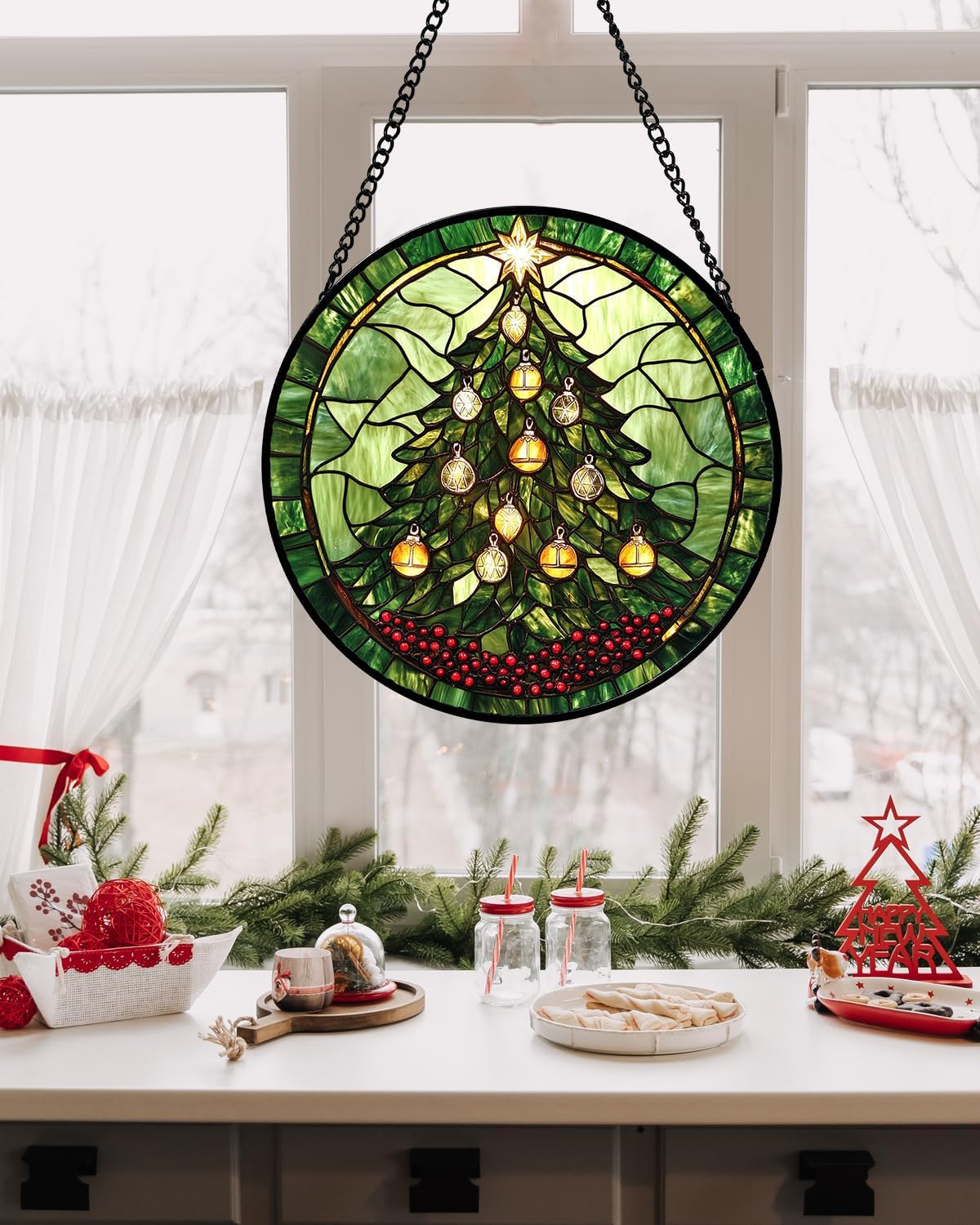 Stained Glass Window Hanging - Green Christmas Tree Golden Bells Suncatcher for Doors Home Christmas Decoration Sun Catcher Thanksgiving New Year Birthday Gift for Women Men Mom Nana 9.8 in