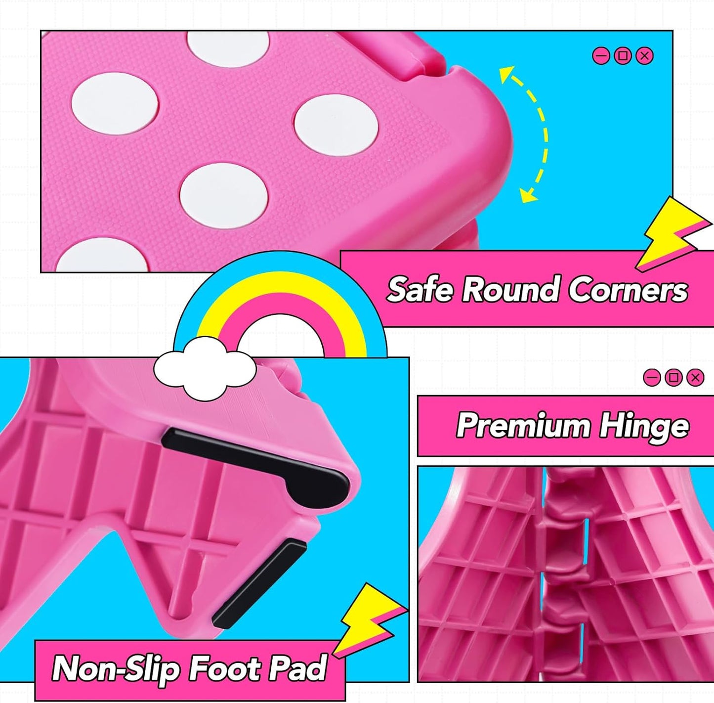 Delxo Folding Step Stool 9 inch Non-Slip Foldable Stools Up to 300 LBS Kids Step Stool with Handle Lightweight for Kitchen, Bathroom, Bedroom, Garden, Rose Pink, 1PC