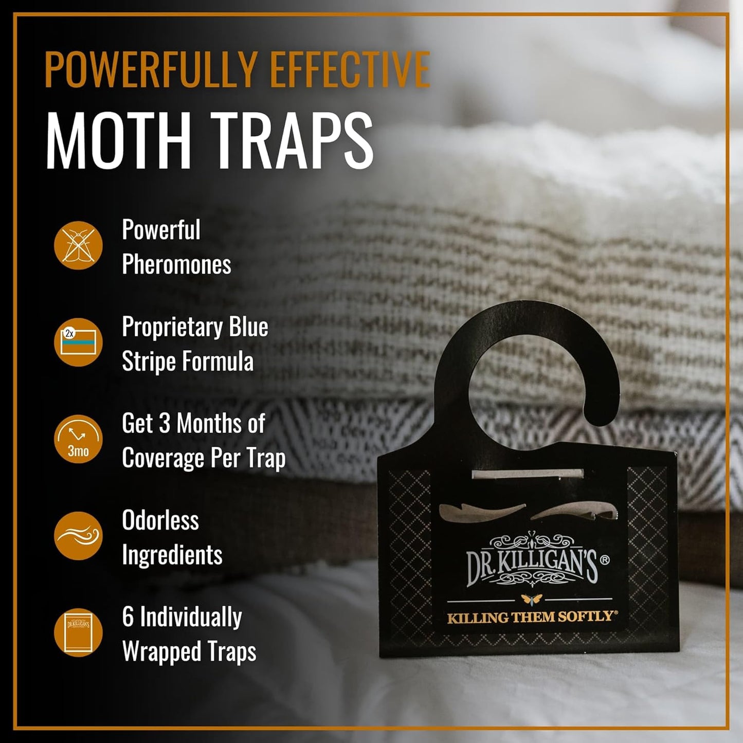 Dr. Killigan's Premium Double Potent Clothing Moth Traps with Pheromones Prime, Organic Clothes Moth Trap with Lure for Closets & Carpet, Case Making & Web Spinning (6 Pack, Black)