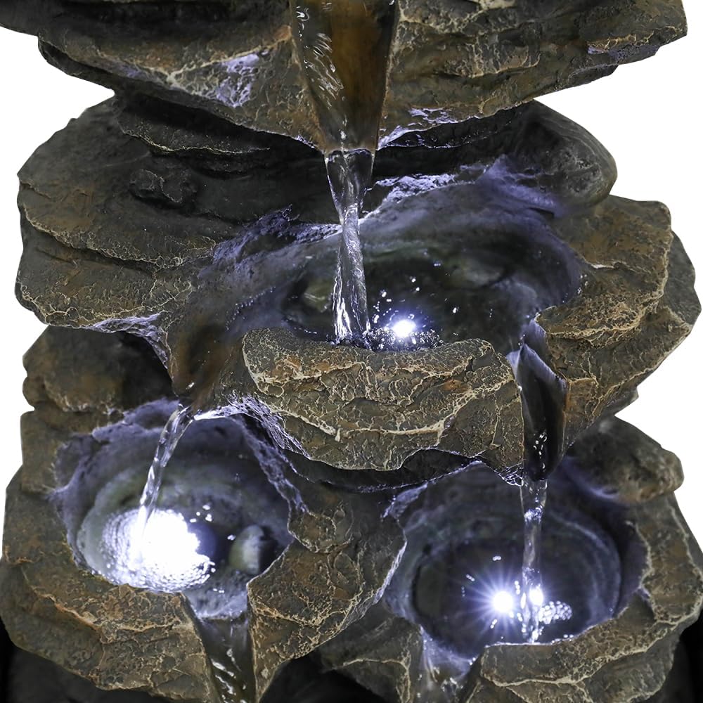 15.7” High Rock Falls Tabletop Water Fountain with LED Lights - Indoor 5-Tier Cascading Fountain for Home and Office Decor (Gray_3, 15.7" high)