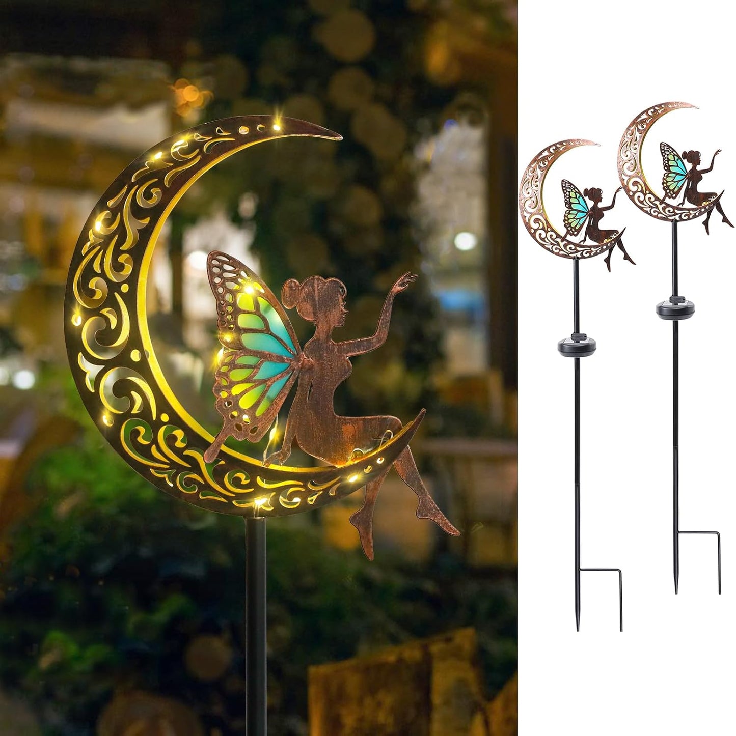 Bshine Moon Solar Light Outdoor Garden Decoration,2 Pack Moon Fairy Garden Statue Outdoor Decor,Metal Waterproof Light Stake for Patio, Path, Yard and Lawn Ornament, Housewarming Gift for Mom