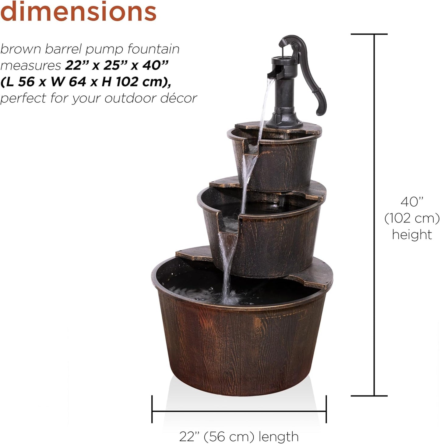Alpine Corporation TEC234BR Outdoor Floor Tiered Rustic Pump and Barrel Water Fountain, Old-Fashioned Waterfall, 40", Brown