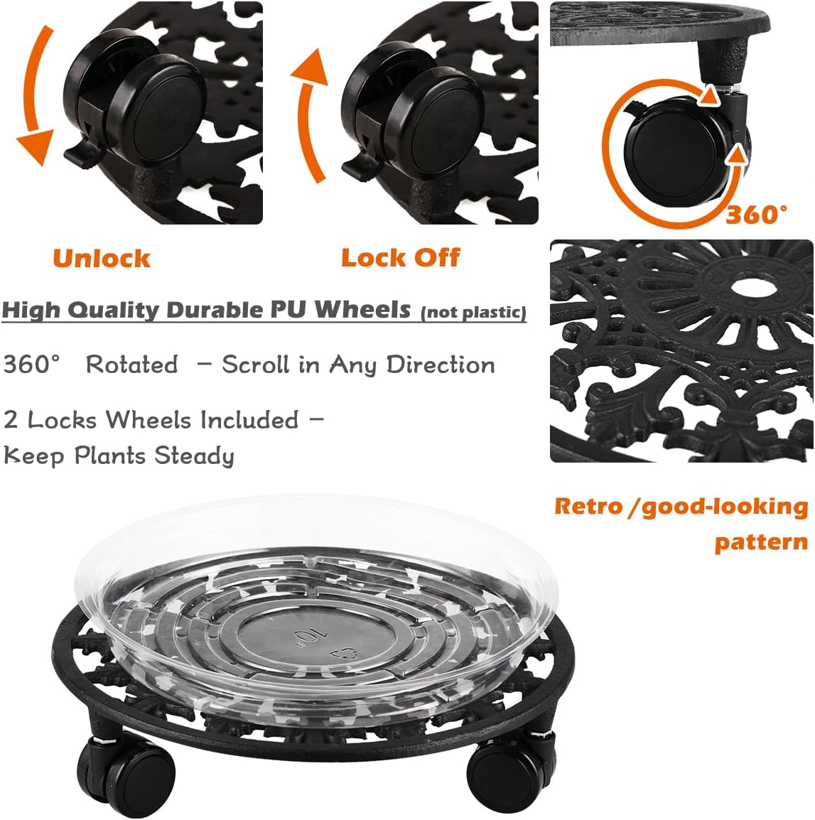 2 Pack Heavy Duty Plant Caddy with Wheels - 11 Inch Metal Plant Stand with Rolling Wheels - Wrought Iron Plant Dolly for Indoor and Outdoor