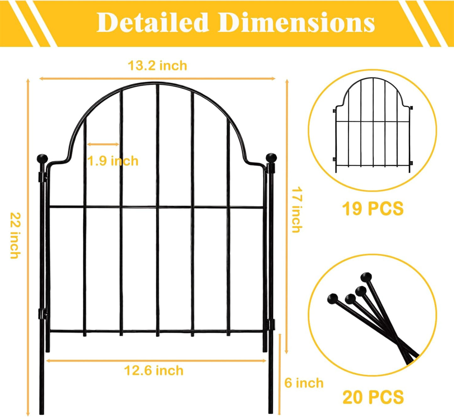 Garden Fence, 22 in(H) x 21 ft(L) Arched Rustproof Metal No Dig Fence Garden Fence Border, Ground Stake Animal Barrier Fence for Rabbit Dog, Outdoor Landscape Decor for Yard & Patio,19 Pack