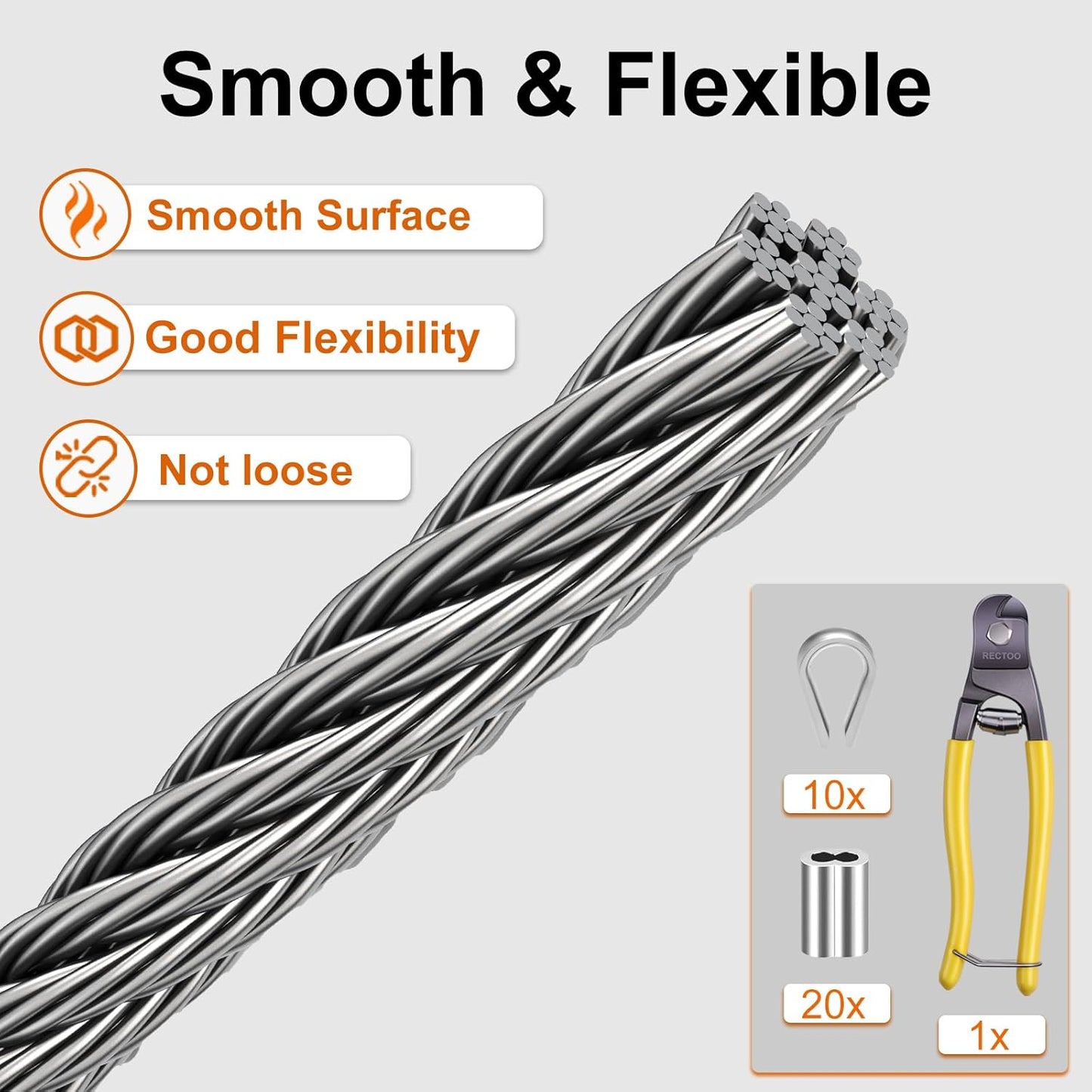 100FT 1/16" Wire Rope Kit, 7x7 Marine Stainless Steel Strand Core, T316 Strength for Hanging, Aircraft, Yard, Garden, Deck Railing, Trellis Wire with Crimping Sleeves, Thimbles, Cable Cutter