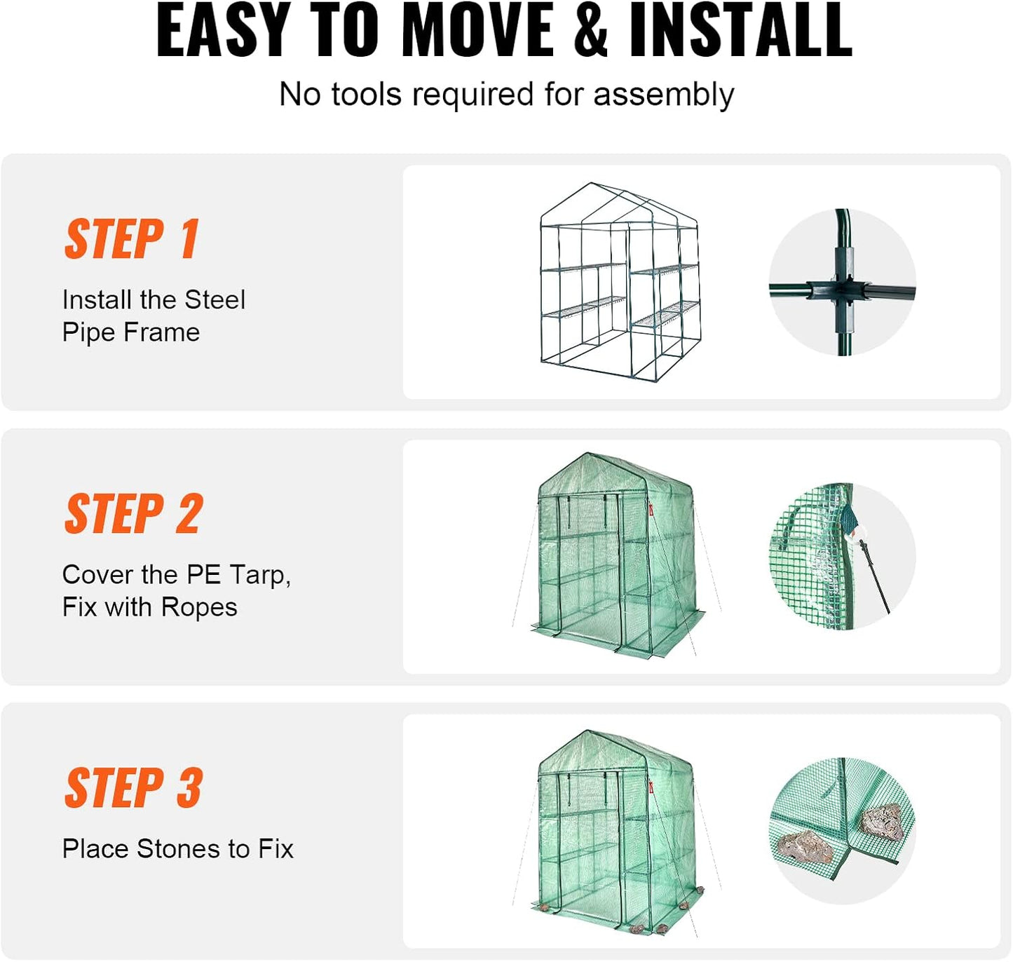 VEVOR Walk-in Green House, 55.5 x 55.5 x 78.7 inch, Portable Greenhouse with Shelves, High Strength PE Cover with Roll-up Zipper Door and Steel Frame, Set Up in Minutes, for Planting and Storage