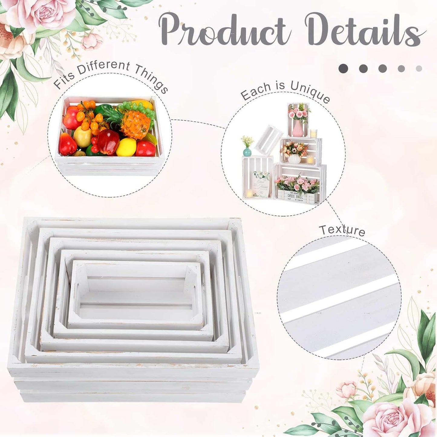 Soaoo 5 Pcs Decorative Nesting Wooden Crates for Storage Display 5 Size Large Small Rustic Wood Decorative Storage Crates with Handle Farmhouse Crate Box Container Made from Pine(Painted White)