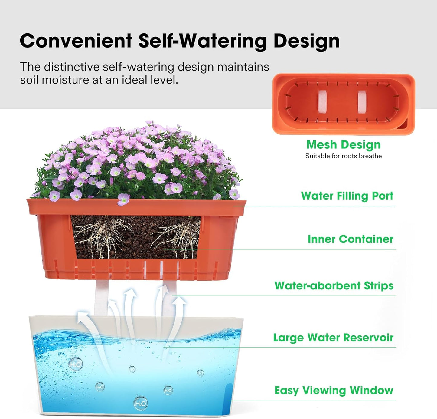 VIVOSUN Self-Watering Planters, 6-Pack 10.5 Inch Compact Rectangular Window Herb Planter Box with 10 PCS Plant Labels, Plant Container for Basil, Flowers, Succulents, Indoor & Outdoor
