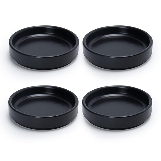D'vine Dev Modern Round 3.7 Inch Ceramic Plant Pot Saucer, Planter Pot Drainage Tray for Indoor Plants, Set of 4, Matte Black, 97-T-B-11