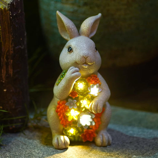 Nacome Garden Outdoor Statues Bunny with Succulent and 7 LED Lights – Lawn Decor for Patio, Balcony, Yard Ornament - Unique Housewarming Gifts