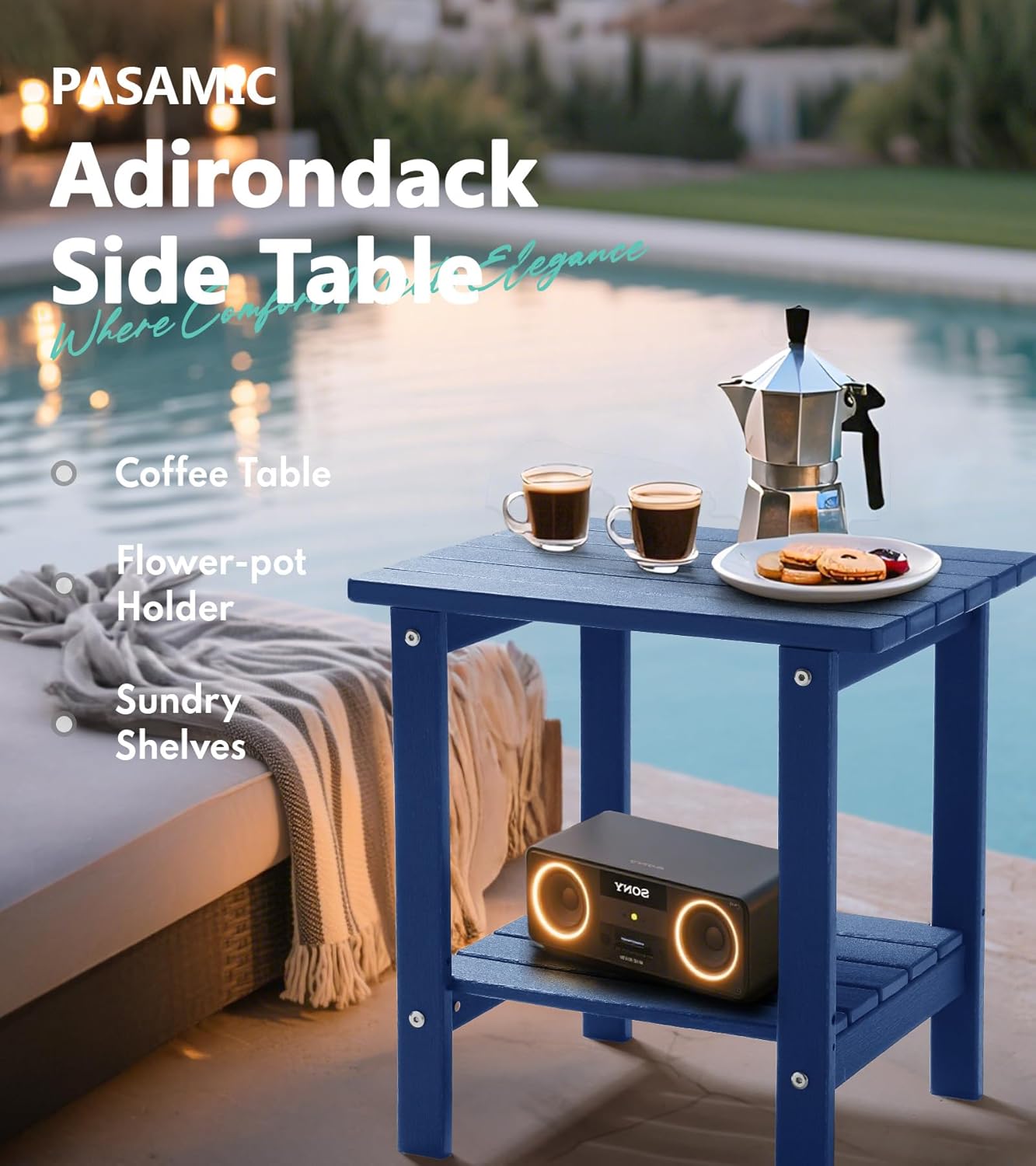 PASAMIC 2-Tier Adirondack Square Side Table, 17" HDPE Outdoor Side Tables, Weather Resistant End Table for Patio, Backyard, Pool, Indoor Companion, Beach, Easy Maintenance (Navy Blue)