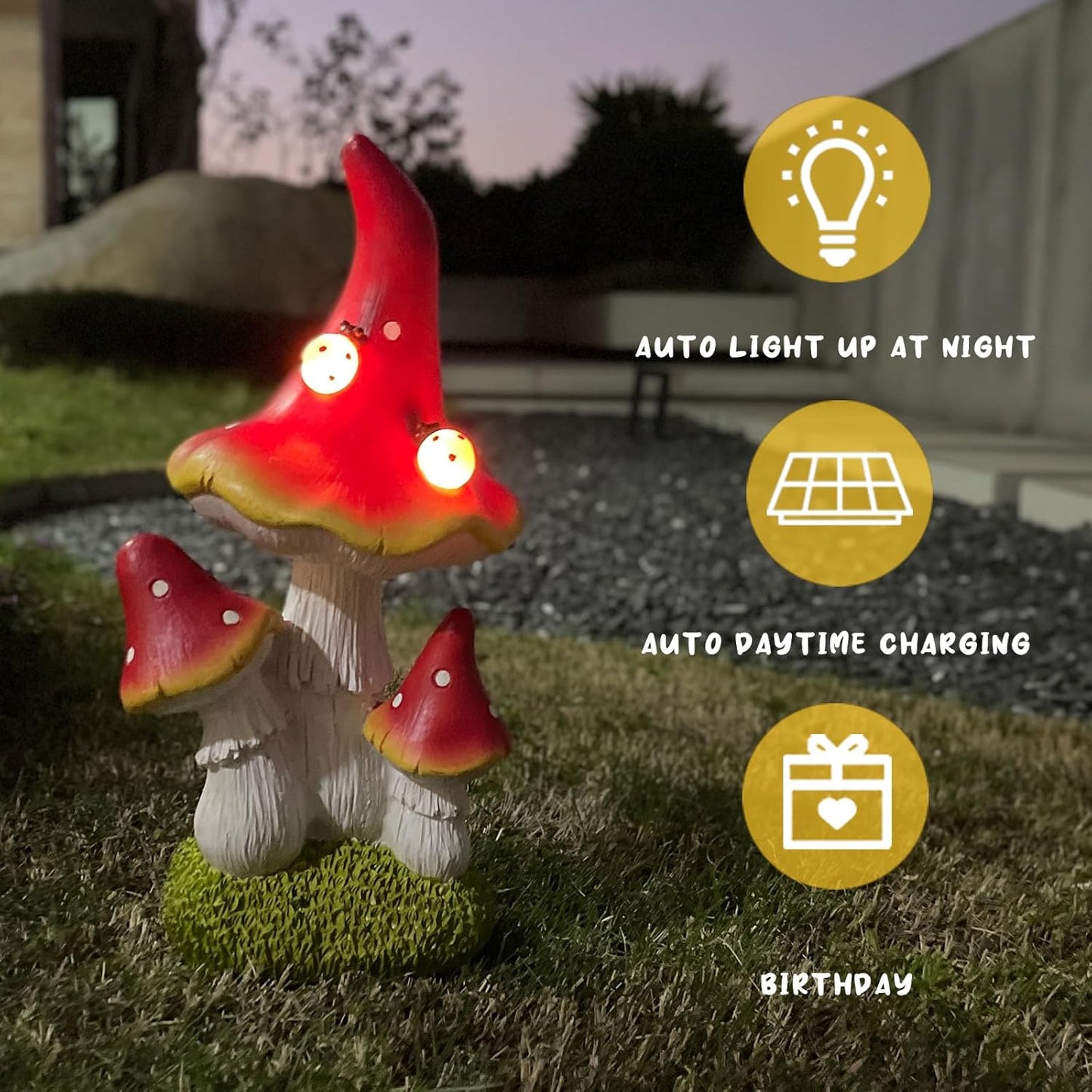 COWOS Solar Mushroom Garden Statue, Fairy Garden Accessories Outdoor Statues, Mushroom House Decor, 3 Mushrooms Head for Patio Yard Lawn Porch Outdoor Decor