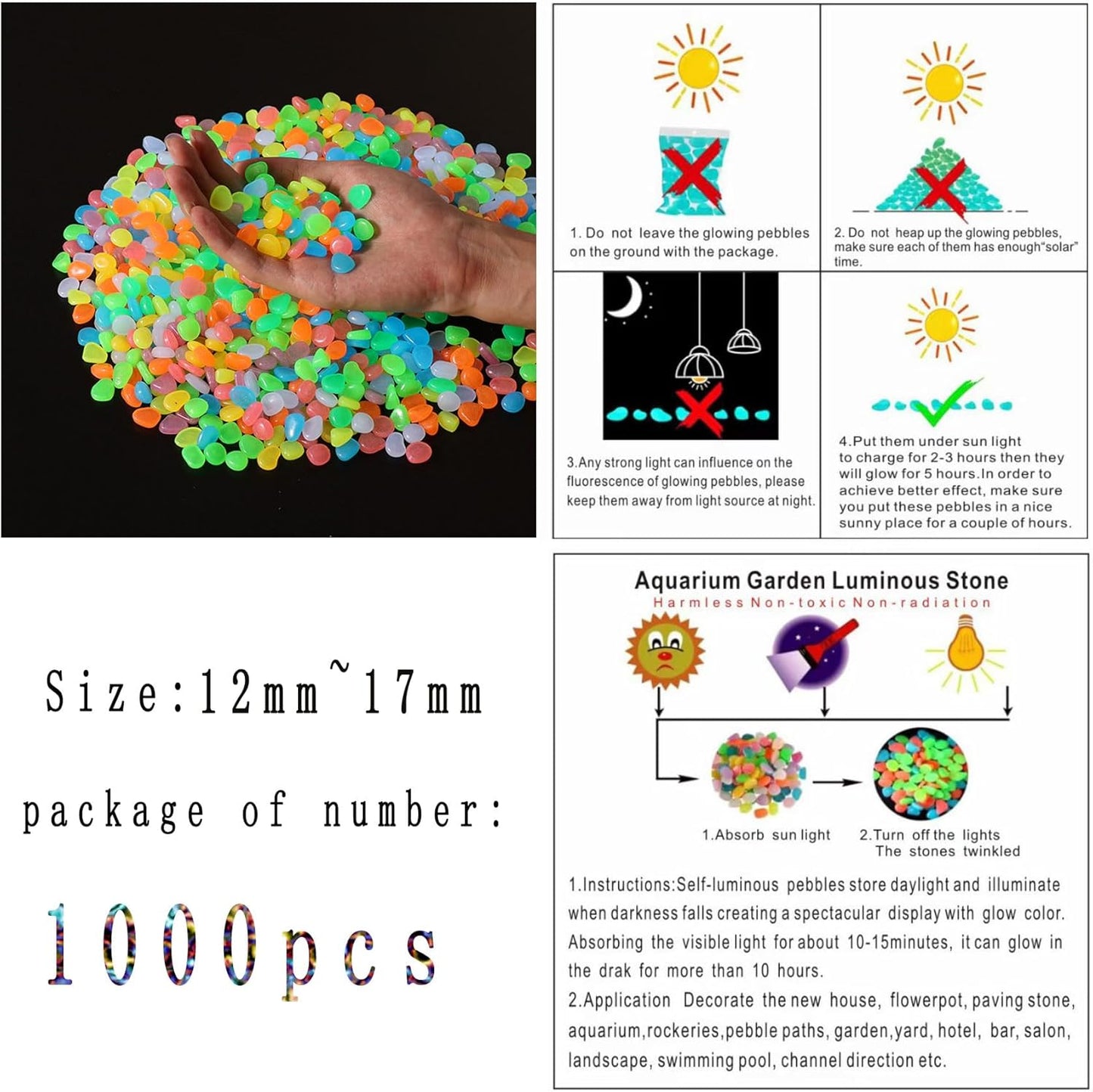 Glow in The Dark Stones 1000 Pcs Glow Pebbles Aquarium Rocks Rainbow Stones for Fish Tank Lawn Yard Garden Walkway Plant Pots