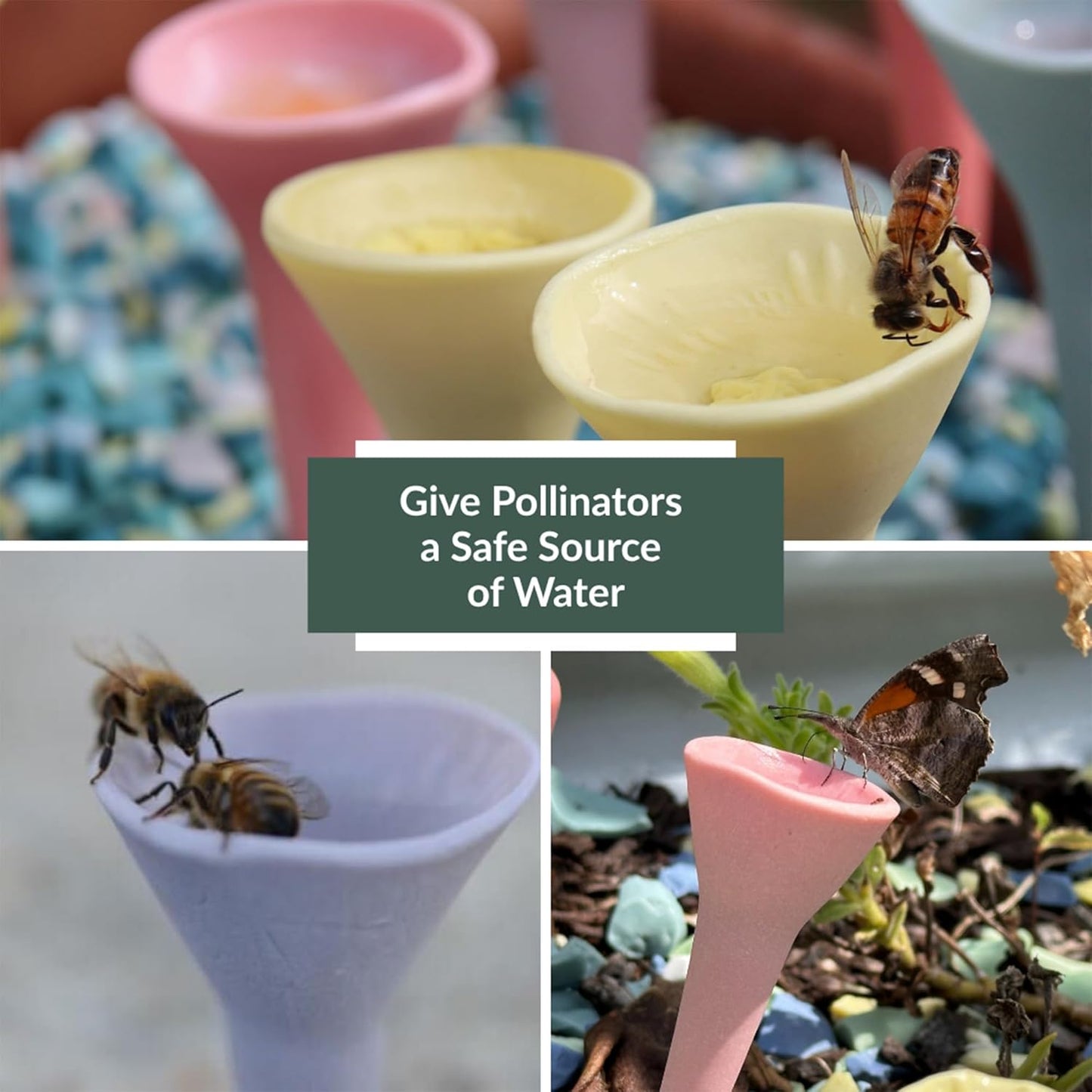 3 Pack, Bee Watering Station, Butterfly Feeder, Bee Feeder, Garden Decor, Bee Decor, Outdoor Garden Decor, Plastic Free, Handmade from Porcelain (3, Passion Flower Purple)