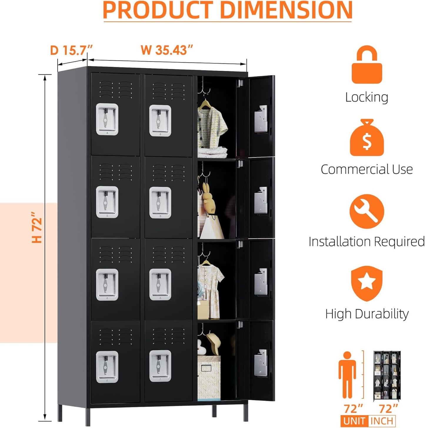 Aobabo 12 Doors Metal Storage Locker for Employees, Storage Locker with 12 Hooks for Garage School Office Gym, Black, Assembly Required