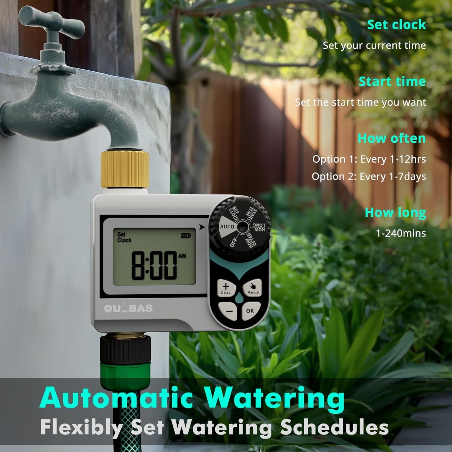 QUOBAS Low Pressure Sprinkler Timer with Brass Inlet & Outlet, Water Timer for Garden Hose, Rain Delay, Manual/Automatic Watering, Ball Valve System Compatible with Rain Barrel