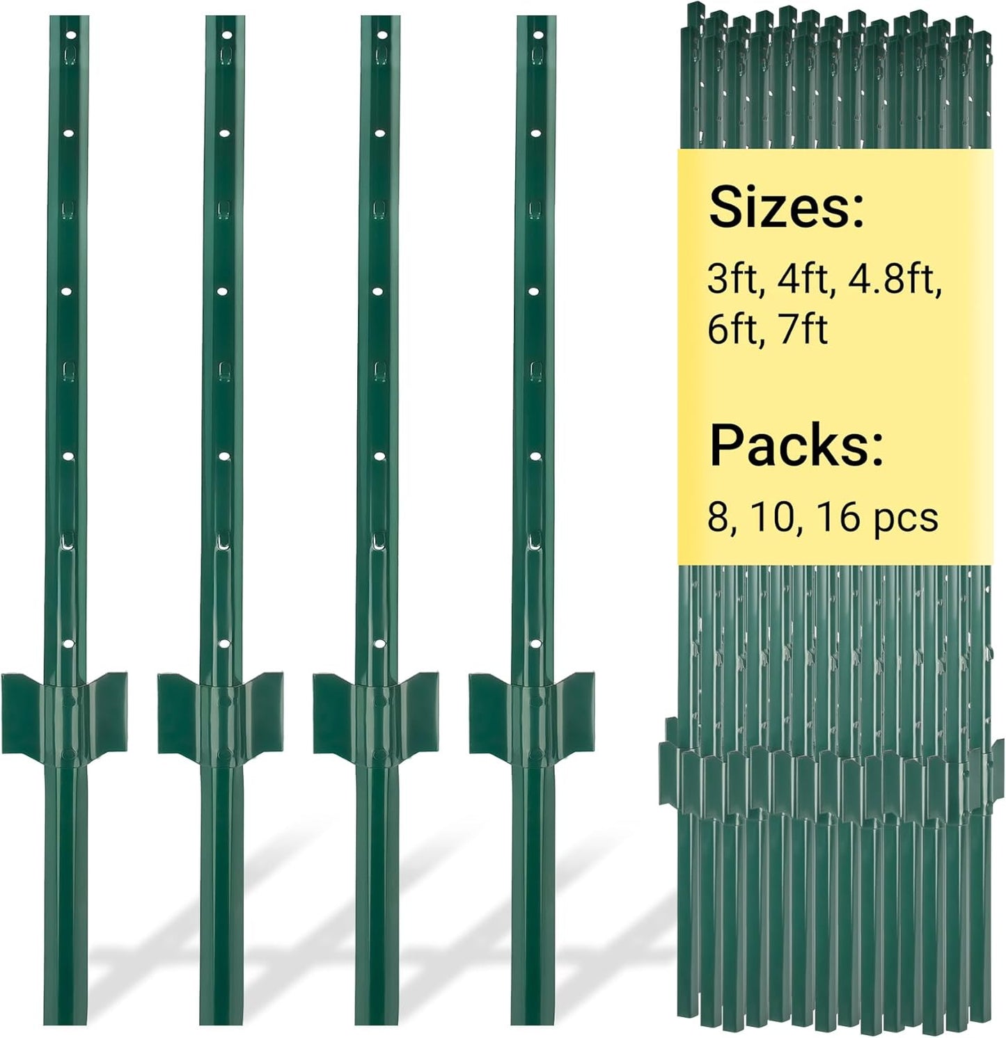 Fence Posts 7 Ft - 16 Pack, Requires Manual Assembly, Heavy Duty Metal Fence Post, No Dig U Post for Farm, Garden, Orchard and Outdoor Wire Fencing (Green)
