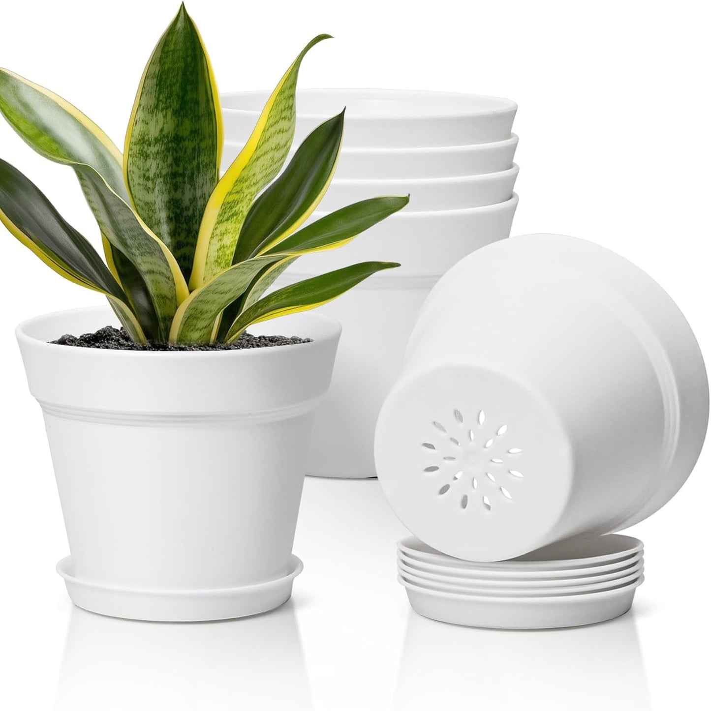 T4U 7.5 Inch Plant Pots 6 Pcs, Flower Pots for Plants, Plastic Planter Pots for Indoor Plants with Drainage Holes and Saucer (6 Pcs, 7.5", White)