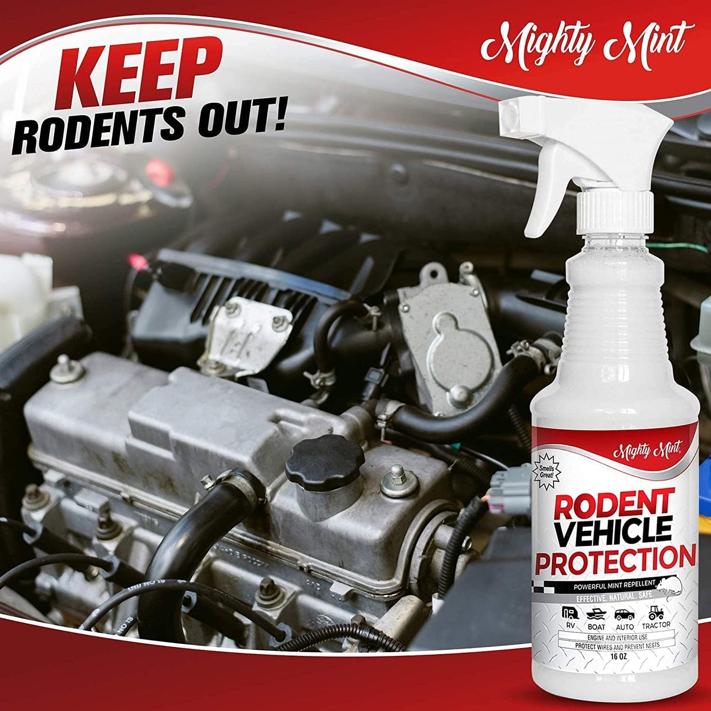 Mighty Mint Peppermint Oil Rodent Repellent Spray for Vehicles – Natural Mouse & Rat Control for Car Engines, RVs, Trucks & Boats – Plant-Based, Extra-Strong Formula – 16 oz (Pack of 2)