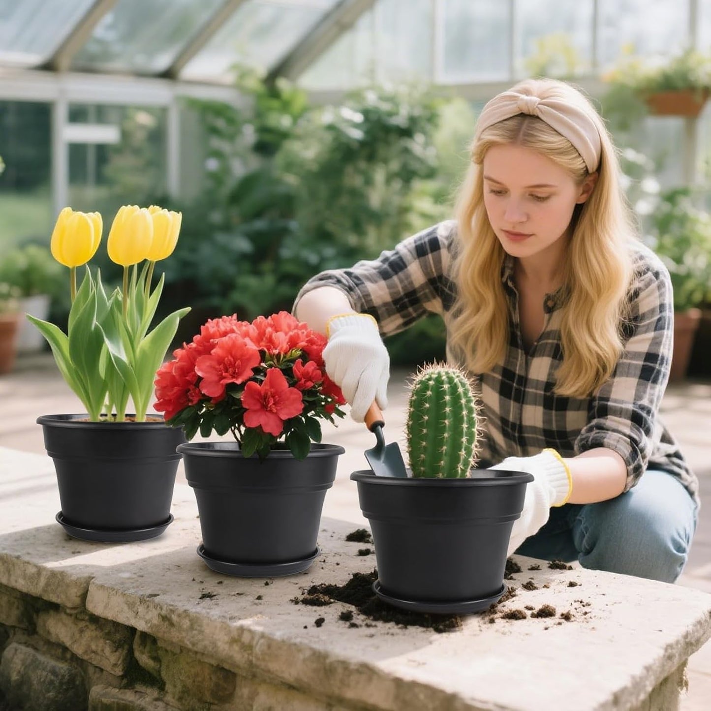 13-inch-Plant-Pots, 4 Pack Large Planters for Outdoor Plants, Plastic Flower Pots Indoor with Drainage Holes & Trays, Classic Garden Pot Container for House