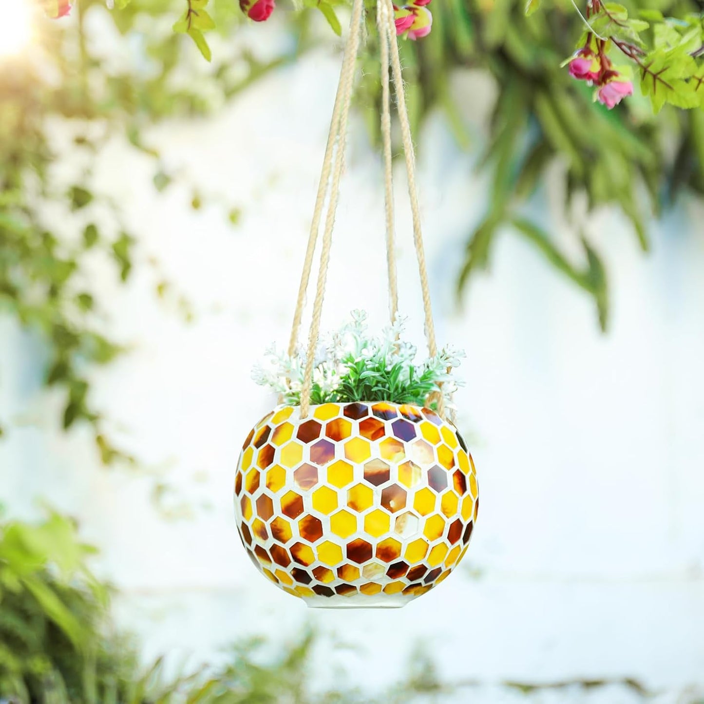 Hanging Planter Mosaic Garden Pot Small Flower Pot for Indoor Plant Disco Ball Hanging Planter with Drainage Yellow Bee