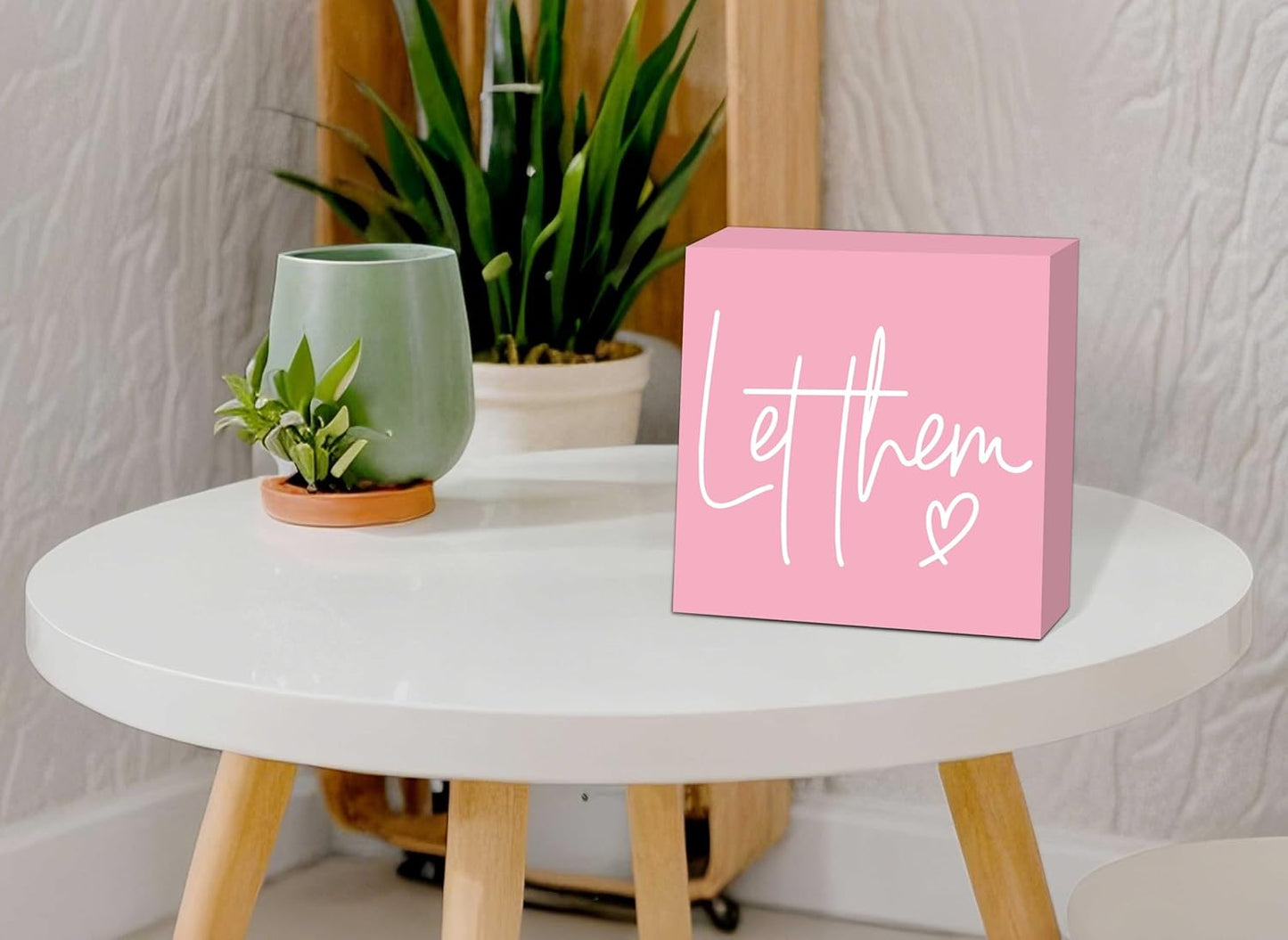 Let Them Wooden Sign, Pink Office Decorations for Work, Let Them Mental Health Rustic Wood Box Signs 5x5 Inch, Desk Shelf Tabletop Decor for Home Cubicle Decor, Office Gifts for Coworkers Women, 20