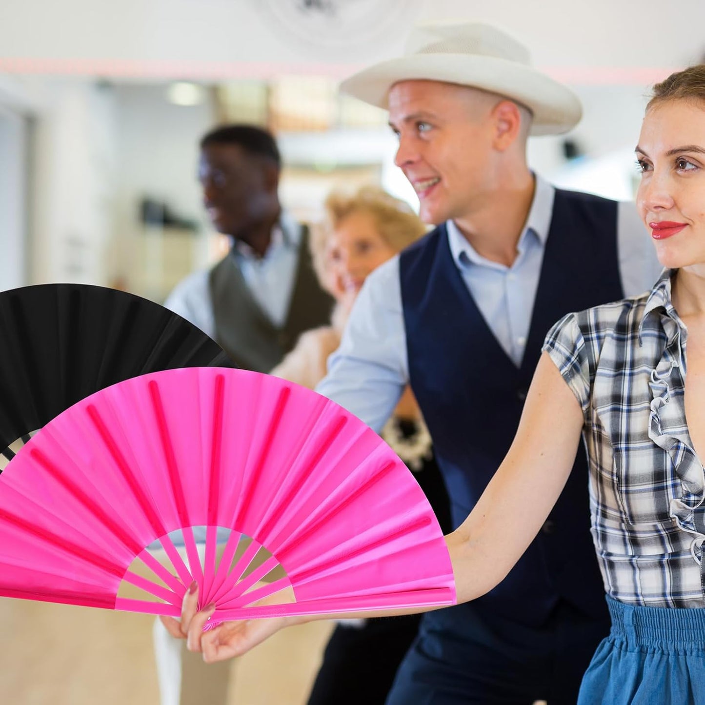 Blulu 4 Pcs 13 Inch Large Folding Hand Fans for Line Dancing Big Clapping Popping Raves Fans Bulk for Dancing Boots on The Ground Festival Party Decoration(Classic Style, Black, Purple, Pink, Blue)