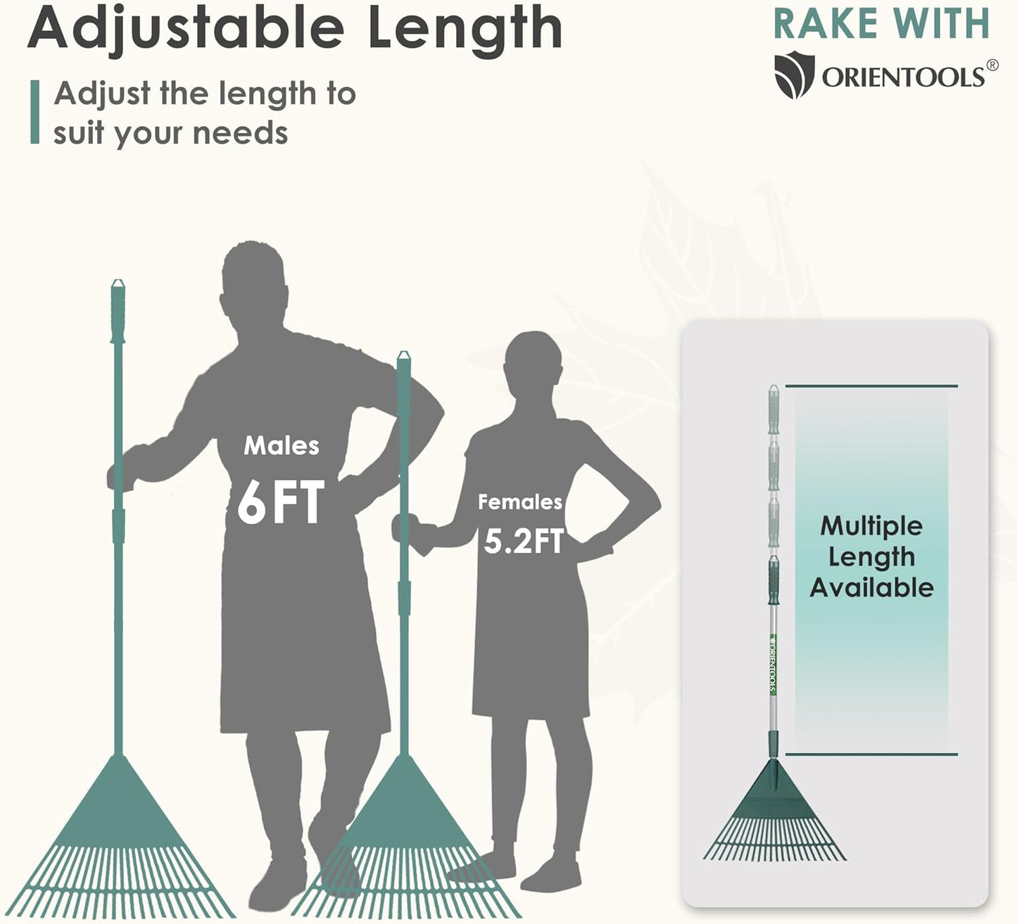 ORIENTOOLS Rake for Leaves,Adjustable Garden Leaf Rake ,Lightweight Steel Poly Yard Rake，22 Tines, 42 to 60 Inches (Silver Handle)