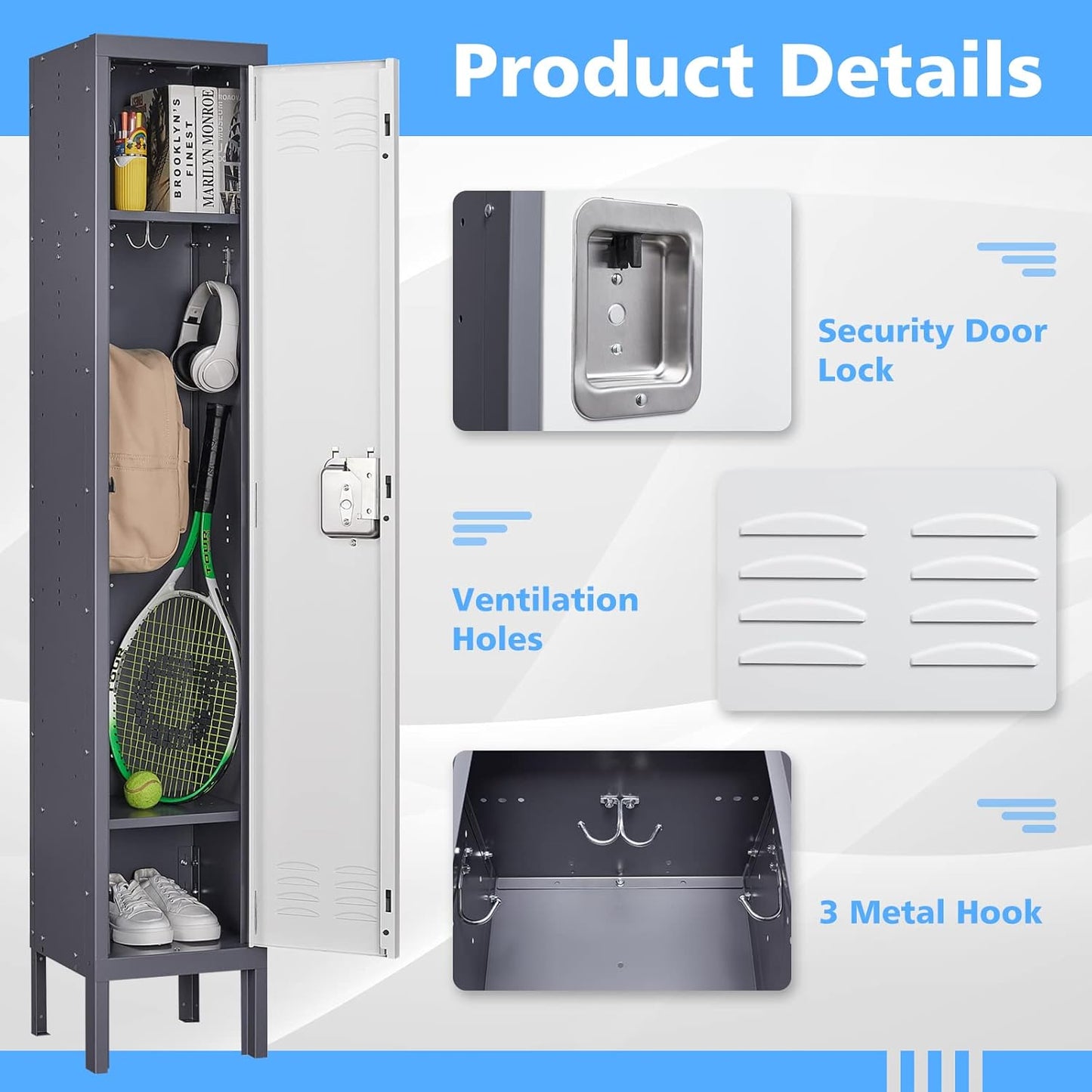 Letaya Locker,1 Door Employees Storage Metal Lockers 66" Lockable Steel Cabinet for School Gym Home Office Staff (1 Door)