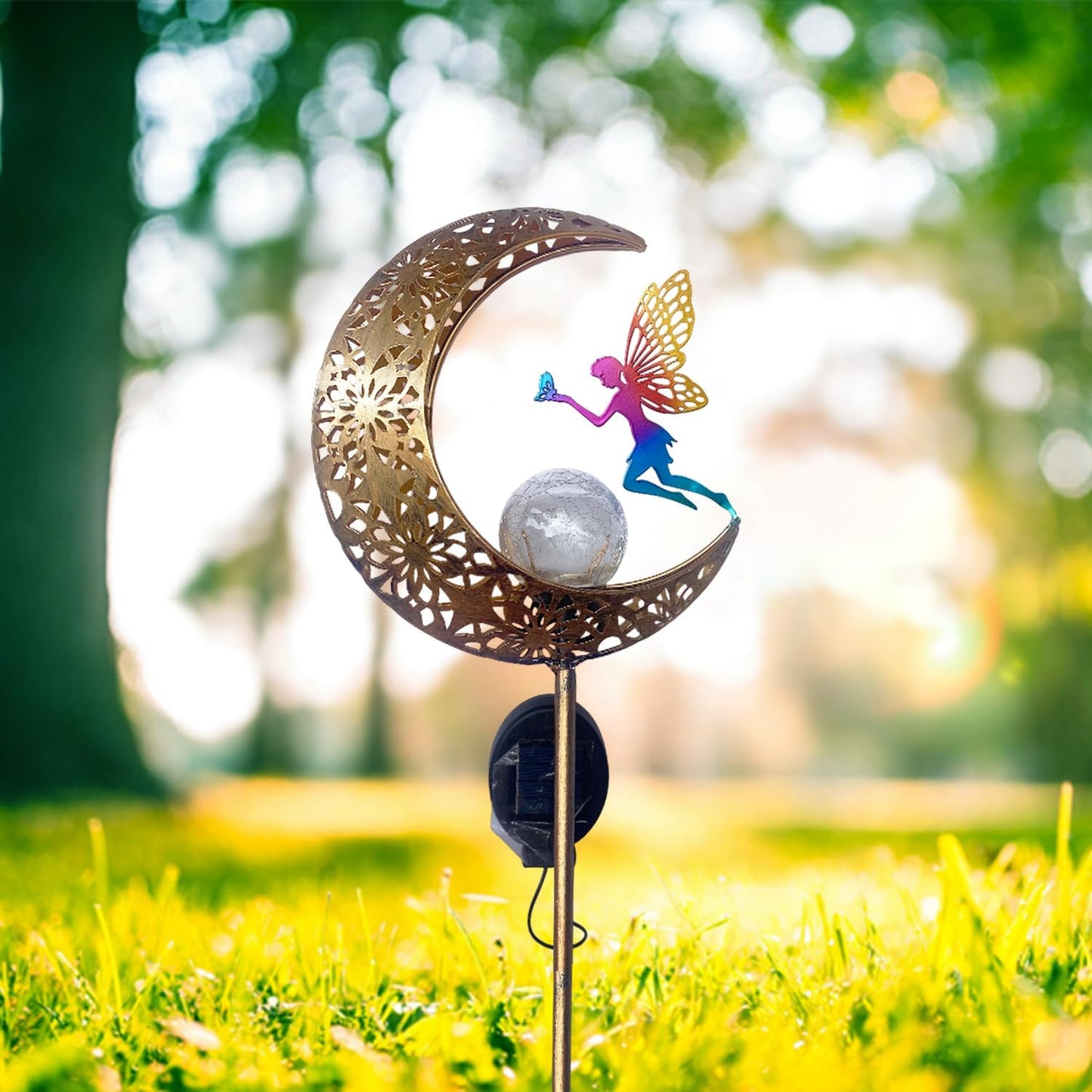 Solar Garden Lights Outdoor Decor, Moon Fairy Crackle Glass Lights, Waterproof LED Landscape Lighting Metal Stake Ornament, for Walkway Yard, Patio, Lawn Pathway Decorations
