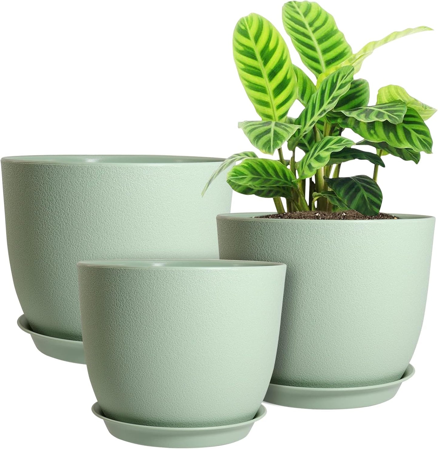Modern Plant Pots Set, 9/8/7.5 inch Plastic Planters for Indoor Plants, Stylish Flower Pots with Drainage Holes and Saucers for House Plants and Flowers, Green