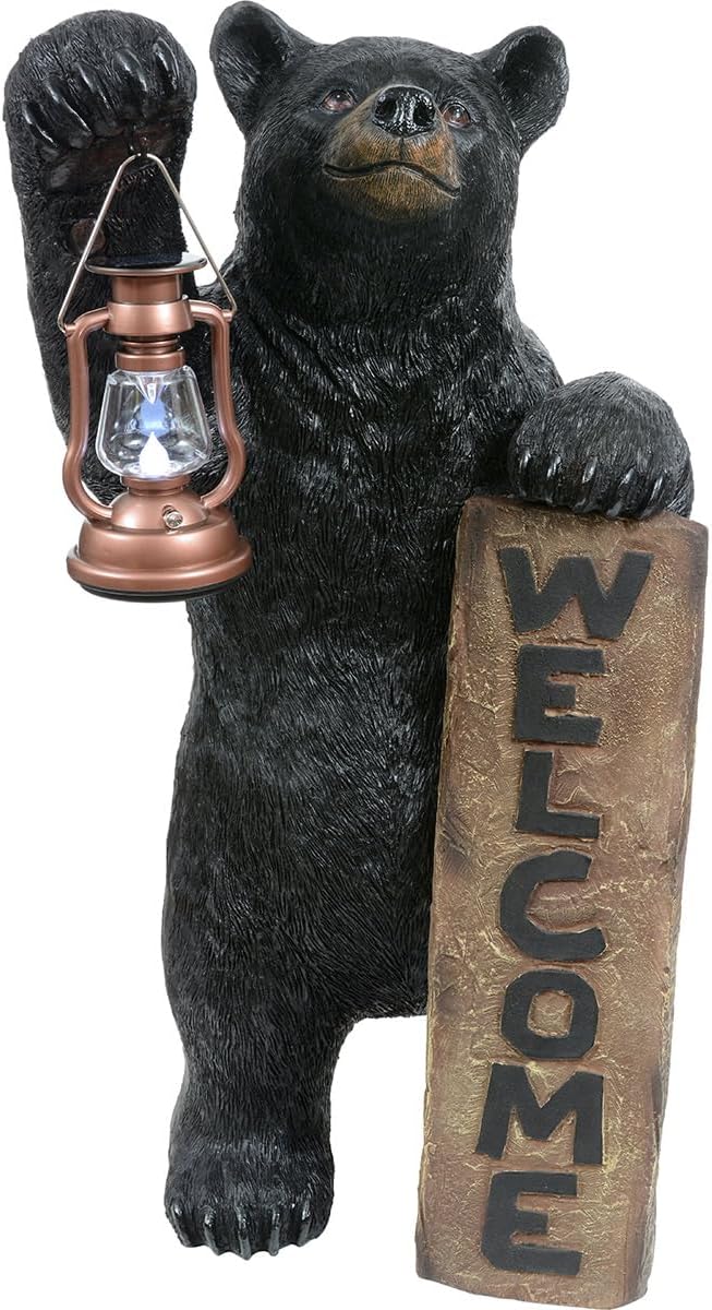Black Forest Décor - Welcome Bear Solar Lantern - Outdoor Patio & Garden Décor with Solar Light, 18" W x 16" D x 33" H
