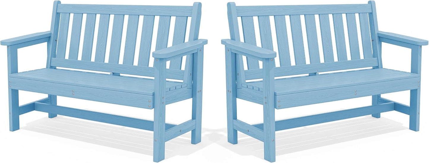 SERWALL Outdoor Bench, HDPE Outdoor Benches Weatherproof, 2-Person Garden Bench with 660 lbs Weight Capacity, Patio Benches for Outdoors, Garden, Porch, Backyard and Park, Light Blue, 2 Pack
