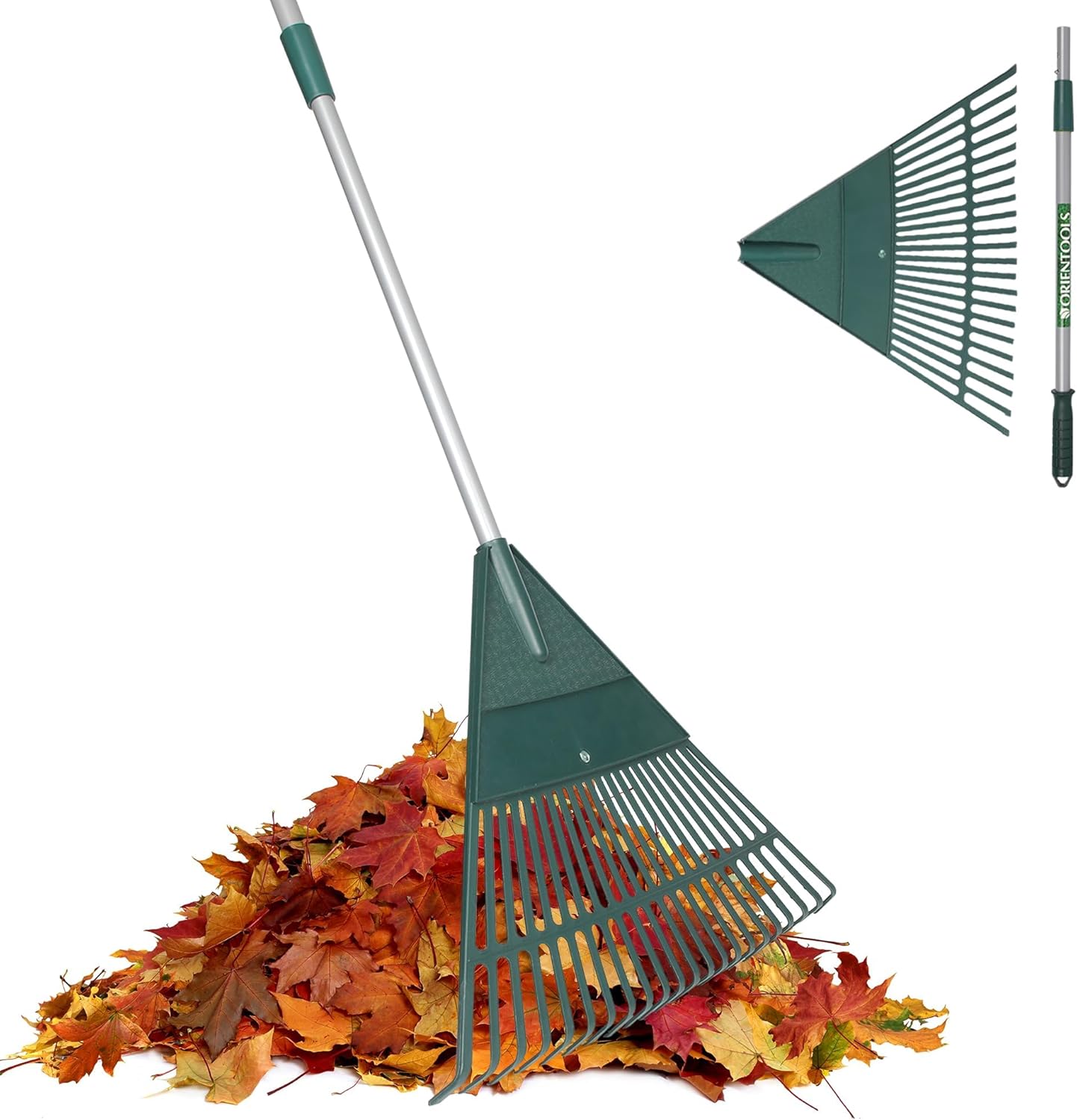 ORIENTOOLS Rake for Leaves,Adjustable Garden Leaf Rake ,Lightweight Steel Poly Yard Rake，22 Tines, 42 to 60 Inches (Silver Handle)