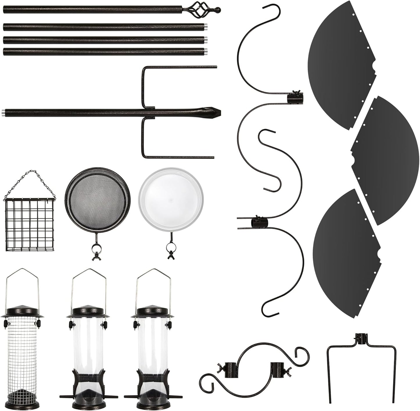 6-Hook Bird Feeding Station, Steel Multi-Feeder Kit Stand for Attracting Wild Birds w/ 4 Bird Feeders, Bird Bath, Mesh Tray and Squirrel Guard Baffle，94 Inch