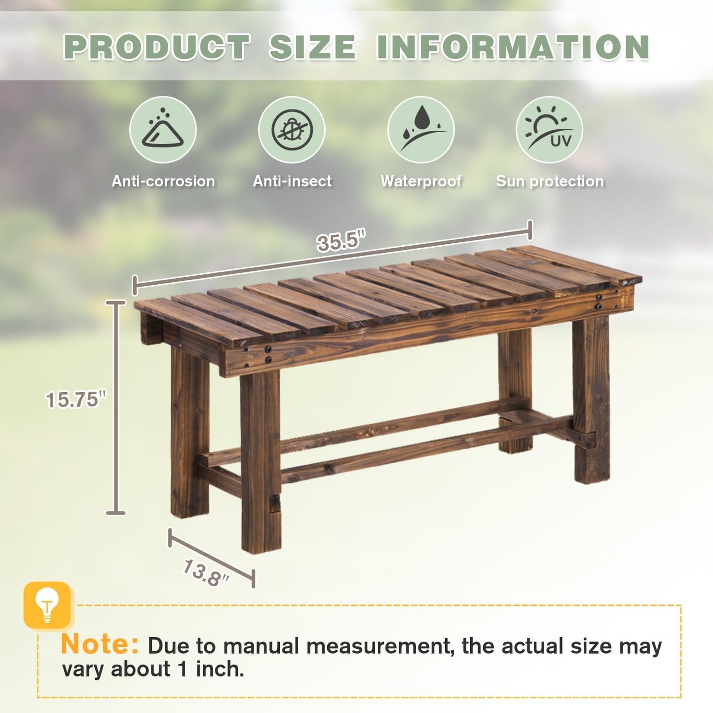 Outdoor Garden Bench, 2-Person Wood Patio Bench Weatherproof Outdoor Backless Bench, Anti-Corrosion and Anti-Rust Garden Benches for Garden Lawn Porch Park Backyard (Natural,35.5''/90cm)