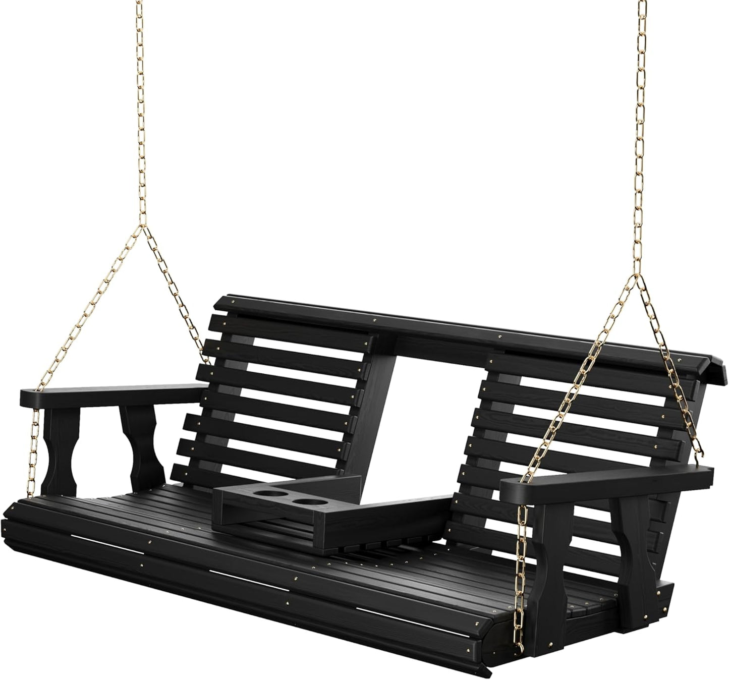 Porchgate Amish Heavy Duty Console Porch Swing with Fold Down Cup Holders in Semi Solid Black Stain - Amish Made in The USA from Treated Pine, Hanging Chains Included
