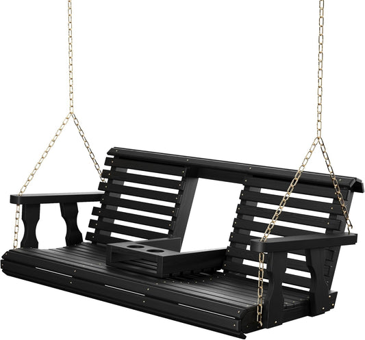 Porchgate Amish Heavy Duty Console Porch Swing with Fold Down Cup Holders in Semi Solid Black Stain - Amish Made in The USA from Treated Pine, Hanging Chains Included