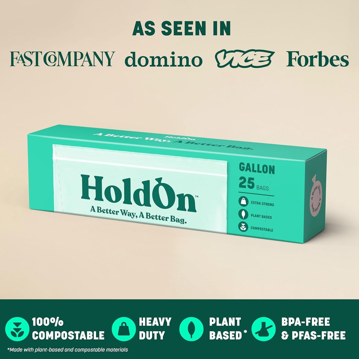 HoldOn Zipseal Gallon Bags - Compostable, PFOA-Free, BPA-Free, Food-Safe Zip Seal Food Storage Bags/Freezer-Safe Gallon Bags With Secure Seal for Home & Travel (25 bags total)