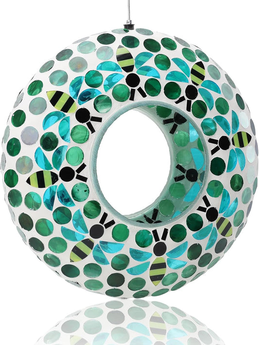 Yinns Bird Feeder - Fly Through Hanging Glass Large Bird Feeders for Outdoors Circle Wild Bird Mosaic Feeders Seed Container 9 inch