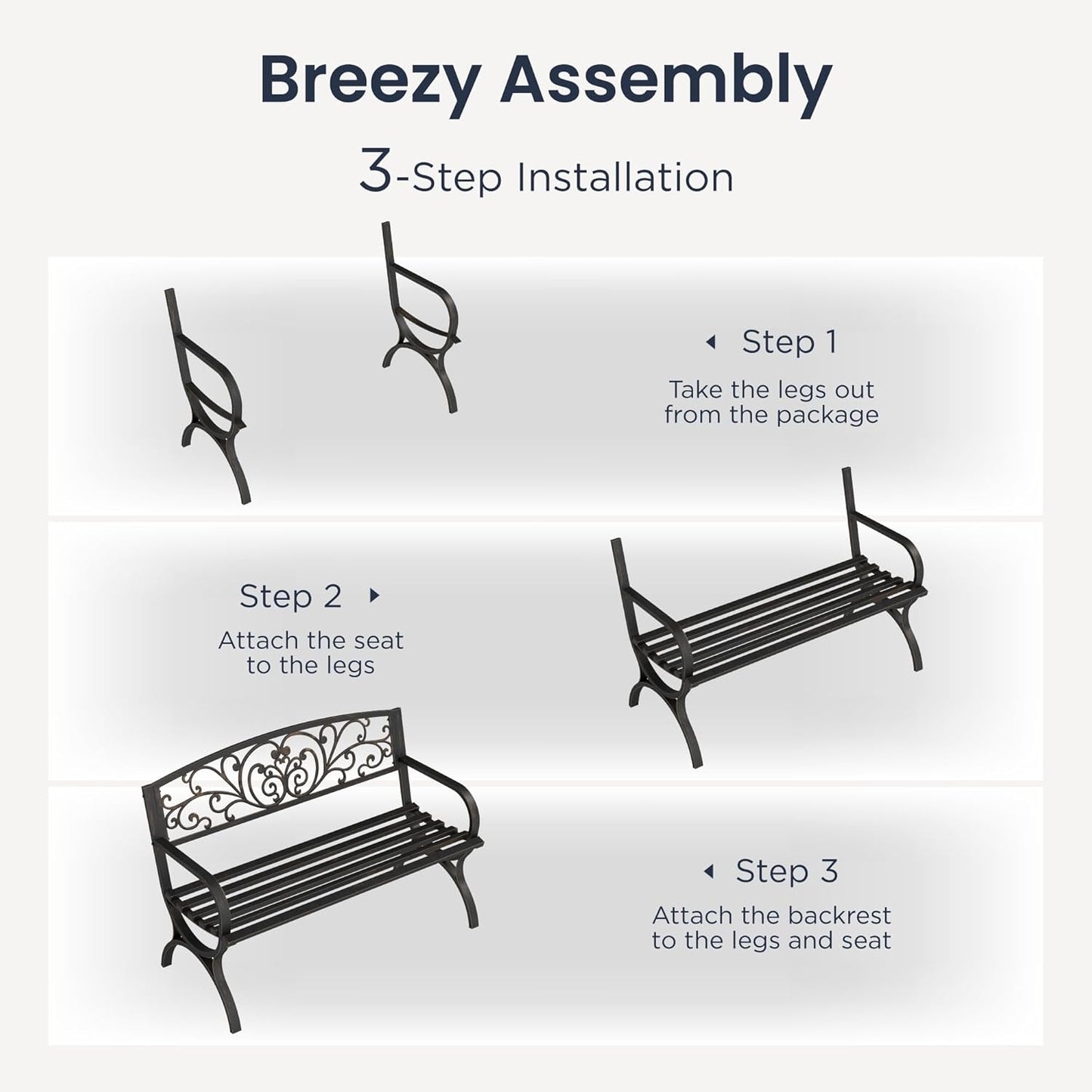 PHI VILLA 50" Garden Bench Outdoor Bench Patio Bench for Outdoors Metal Porch Steel Frame Furniture for Yard